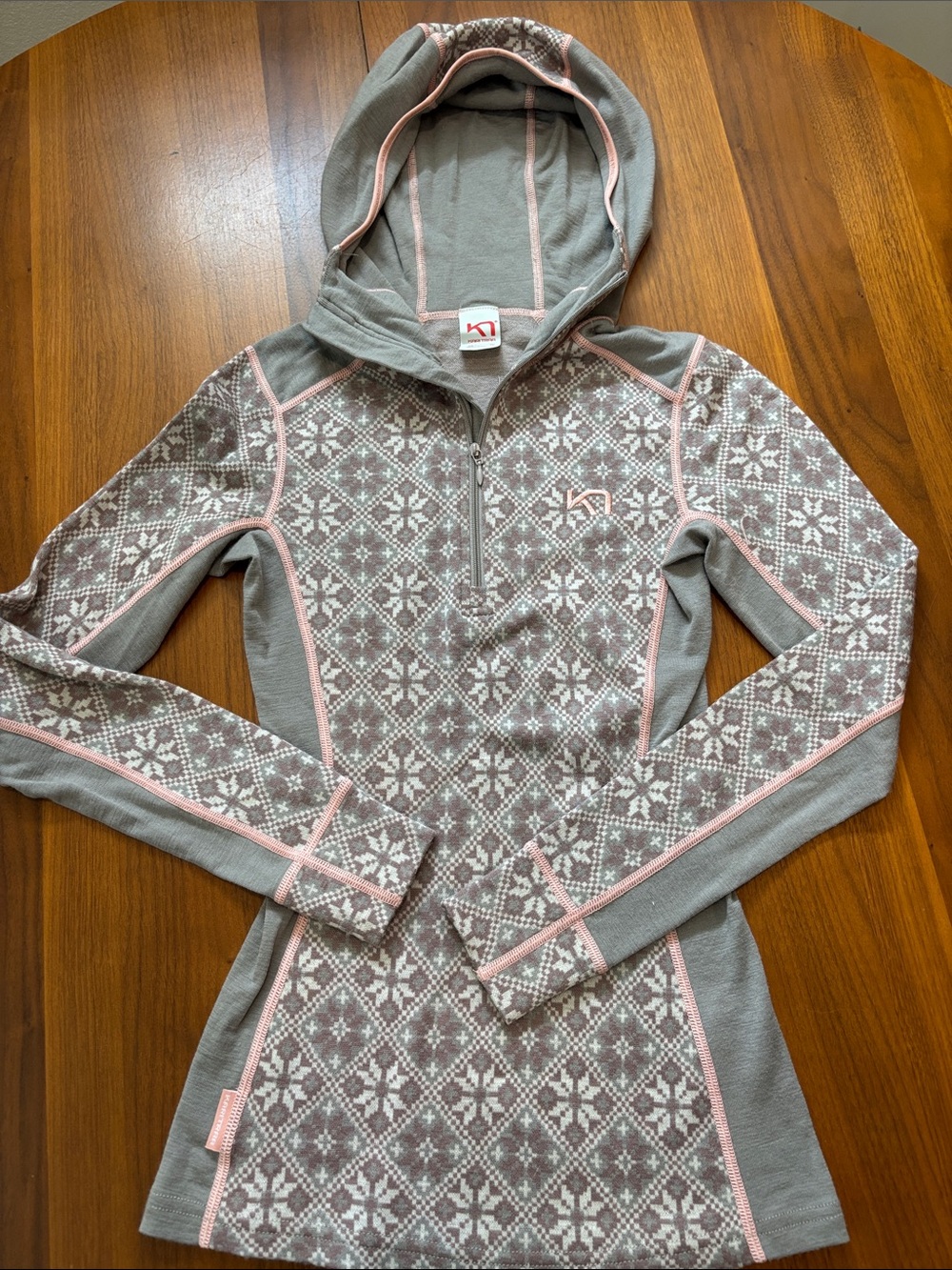 Kari Traa 100% wool Grey & Pink Hooded Midlayer Top, XS
